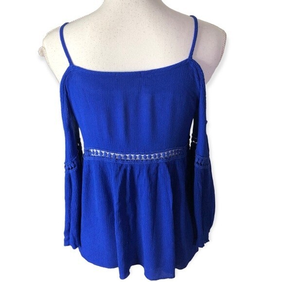 Emma’s Closet Royal Blue Boho Cold Shoulder Embroidered Blouse - Picture 3 of 5